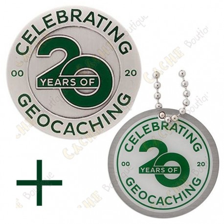 Celebrating 20 Years of Geocaching Geocoin and Trackable Tag Set 