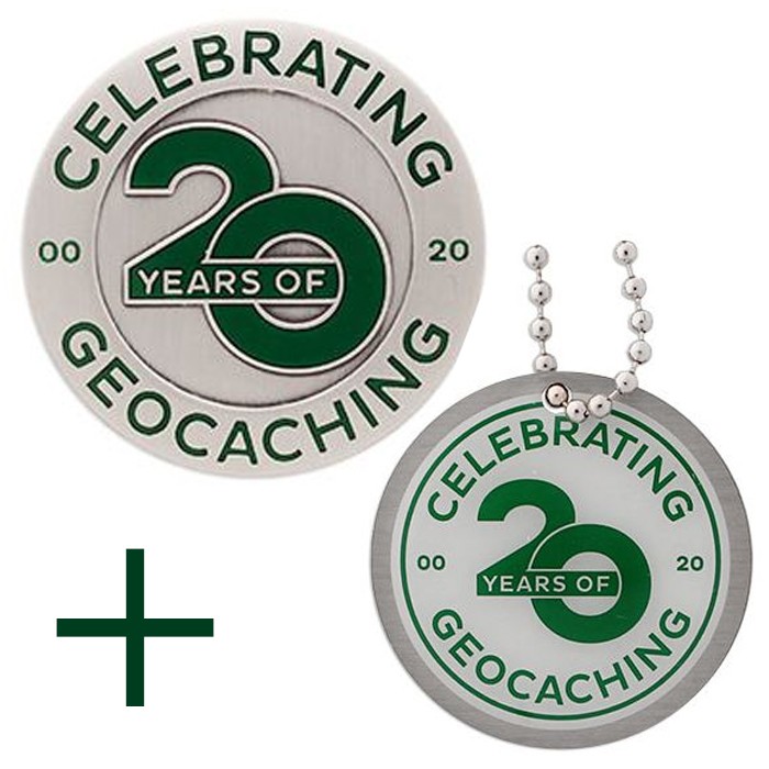 2 Trackables Celebrating 20 Years of Geocaching Geocoin and Trackable Tag Set 